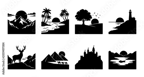Tableau sur toile Vector Landscape Silhouettes Collection: Mountain Sunrise, Beach Palms, Lone Tre