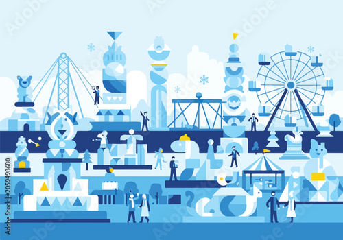 Schilderij op canvas A blue-toned illustration of a lively amusement park scene
