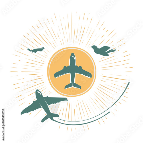 Flat design airplane with sunburst and birds