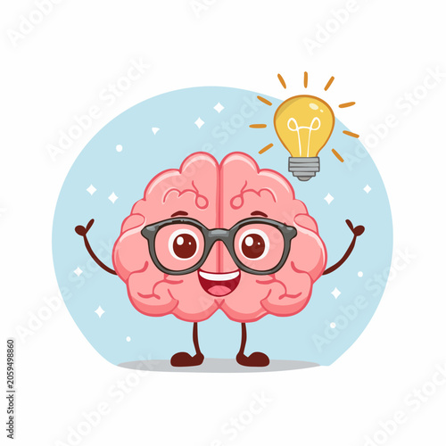 Cute Cartoon Brain Character with Light Bulb Idea
