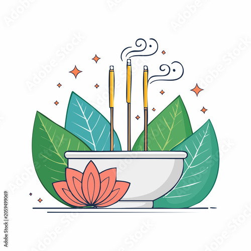 Incense Sticks Burning with Lotus Flower and Leaves