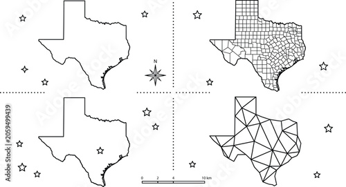 Quadro su tela Texas state map linear outline icon set with county borders capital star and low