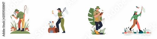 Canvas-taulu Vector illustration set of entomologists and nature explorers studying insects, bugs, and butterflies in their natural habitat