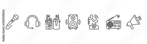 Schilderij op canvas Communication tools icons featuring Microphone, Headset, Walkie Talkie, Speaker, Telephone, Radio, Megaphone for audio and voice communication
