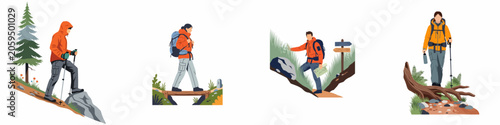 Tableau sur toile Set of illustrations depicting various hikers and trekkers exploring the great outdoors with backpacks, maps, and hiking gear in scenic natural landscapes