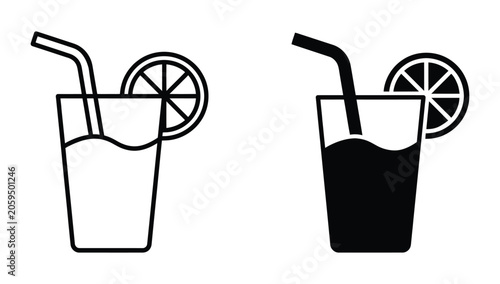Glass of lemonade with straw and lemon slice vector icon set.