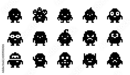 Pixel Art Monsters Collection, 15 Retro Characters, Cute Digital Creatures, Simple Black Icons for Games and Apps