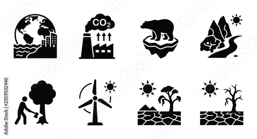 Tableau sur toile Climate Change Icons: Global Warming, Pollution, Renewable Energy, Deforestation