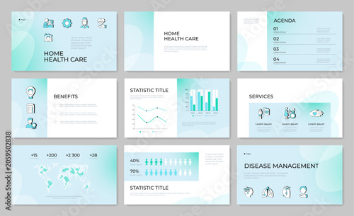 Accessible healthcare infrastructure presentation template set. Holistic wellness support system. PPT slides on light green gradient background. Pitch deck layout with cover. Modern report design