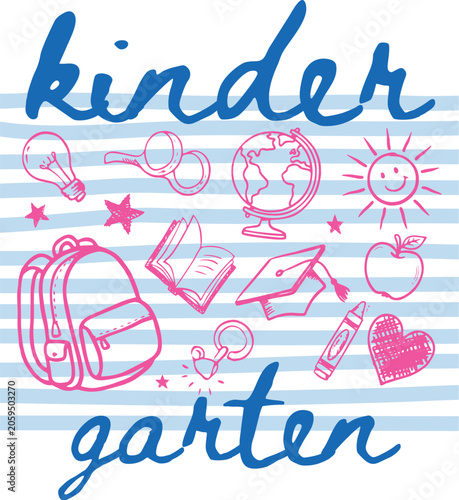 Hand drawn kindergarten school icons vector, pink and blue doodle education elements, back to school supplies on striped background