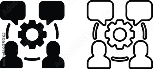 Teamwork gear collaboration meeting, flat and outline vector