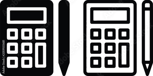 Calculator and pen finance accounting, flat and outline vector