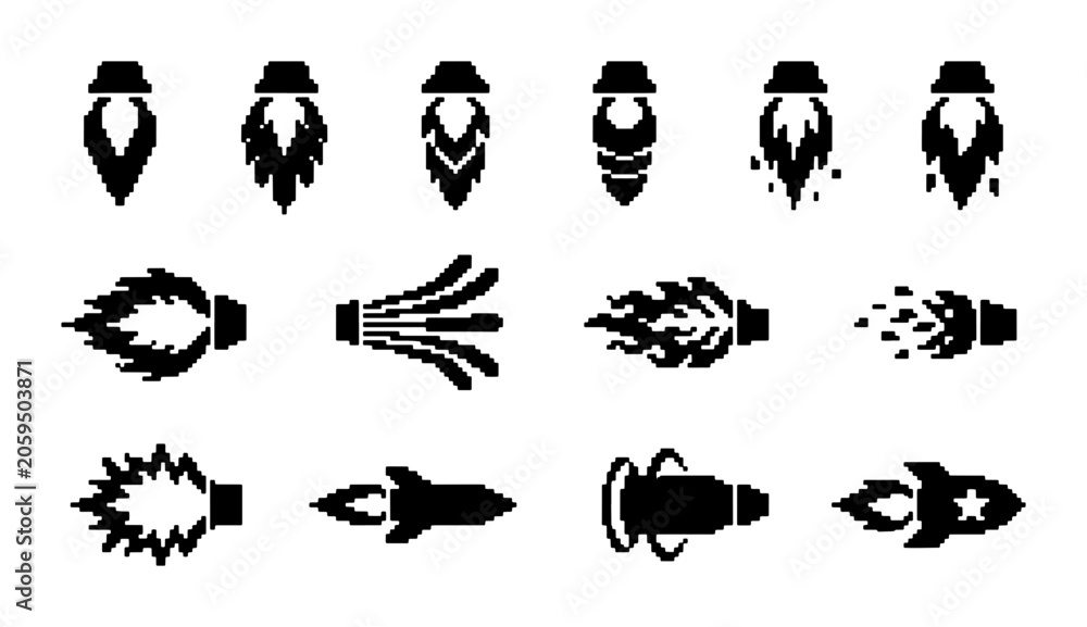 Obraz premium Rocket and Fire Icons Set, Vector Graphics for Space Exploration and Speed Concepts, Black and White Propulsion Elements