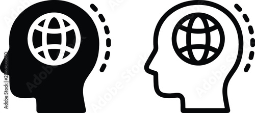 Global mind head with earth icon, flat and outline vector