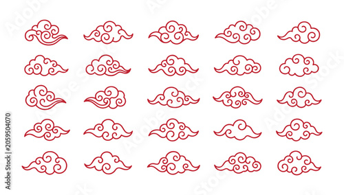 Cuadro en lienzo Decorative asian style red cloud line icon and illustration set