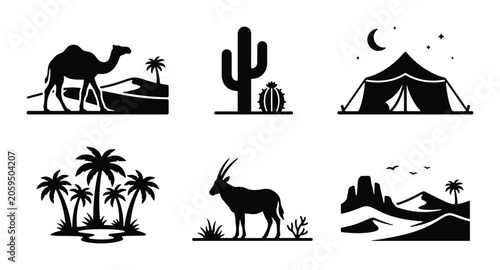 Foto Desert Icons Set: Camel, Cactus, Tent, Oasis, Oryx, Landscape Silhouettes for Tr