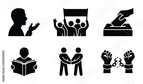 Tableau sur toile Social Justice Icons: Protest, Voting, Speech, Freedom, Education, Partnership