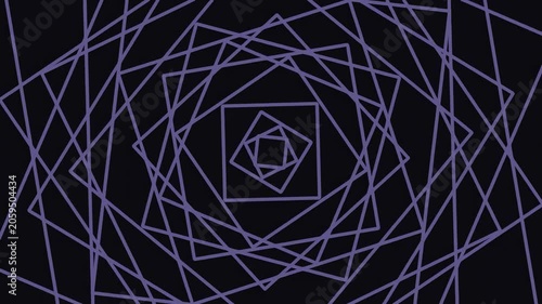 Geometric abstract pattern of nested squares and lines in purple and gold on black
