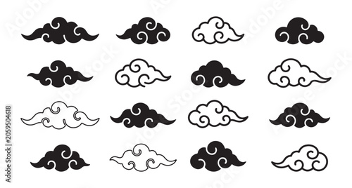 Chinese style clouds set. Traditional korean clouds. Flat chinese or japanese red cloud silhouettes, decorative asian festival elements. Vector illustration
