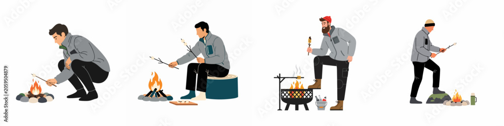 Fototapeta premium Vector illustration set of men roasting marshmallows and food over campfires in various outdoor poses, isolated on white background.