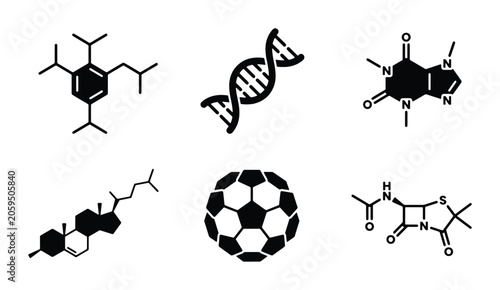 Foto Molecular Structures Set: DNA, Caffeine, Cholesterol, Fullerene, Chemistry Icons