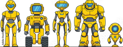 Bild auf Leinwand Yellow Futuristic Robot Character Vector Set Featuring Various Humanoid, Cyborg,