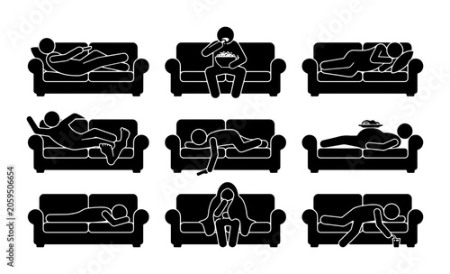 Cuadro en lienzo Stick Figure Couch Poses Vector Set, Relaxing Lifestyle Icons, Lazy Day Activiti