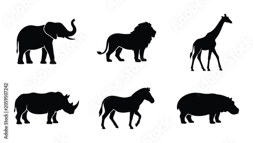 Canvas Print African Wildlife Silhouettes: Lion, Elephant, Giraffe, Rhino, Zebra, Hippo Icons