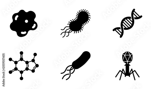Bild auf Leinwand Microbiology Icons Set: Bacteria, DNA, Virus, Molecule, Cell, Science Vector Gra