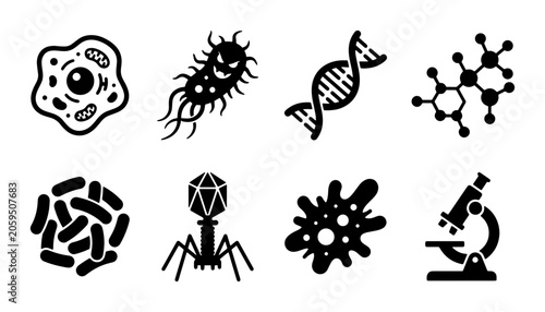Bild auf Leinwand Microbiology Icons Set: Bacteria, Virus, DNA, Cell, Molecule, Microscope, Scienc