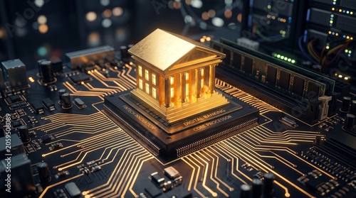 Golden bank building on a computer circuit board processor