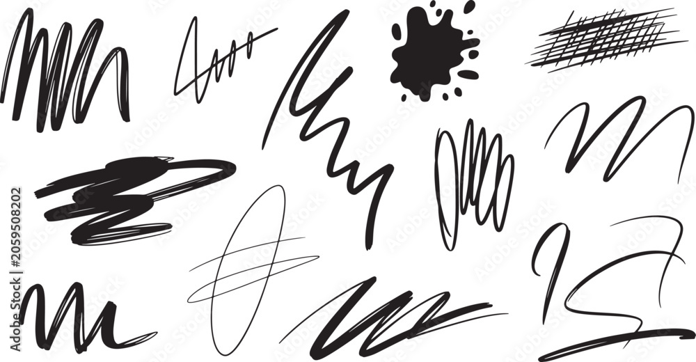 Obraz premium Assortment of black ink abstract scribbles, splatters, and line on white background line brush stroke
