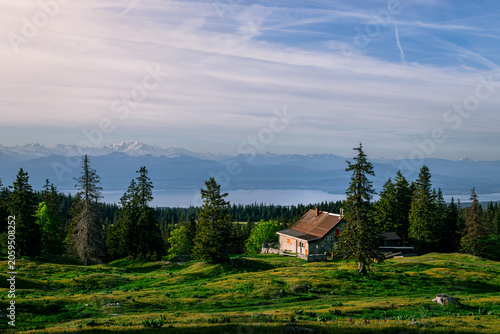 Remote mountain cabin in a sunlit meadow framed by pine forest, blue lake, and distant alpine peaks beneath streaked clouds and a wide open sky