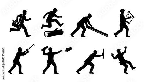 Billede på lærred Construction Worker Silhouettes, Building and Labor Icons, Professional Tradesme