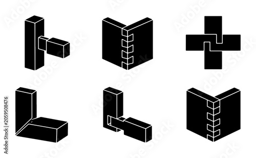 Foto Woodworking Joints Vector Set: Dovetail, Mortise Tenon, Corner Connections, Carp