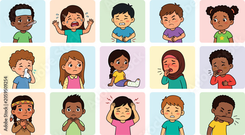 Sick Kids and Diverse Children Showing Various Medical Symptoms Icon Set with Fever Cough Rash Headache and Stomach Pain Vector Graphic Illustrations