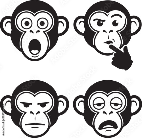 Collection of monkey faces with different emotions on vector illustration