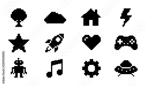 Pixel Art Icons Set: Retro 8-bit Graphics Collection Featuring Tree, Cloud, House, Lightning, Star, Rocket, Heart, Game Controller, Robot, Music Note, Gear, and UFO for Vintage Digital Design