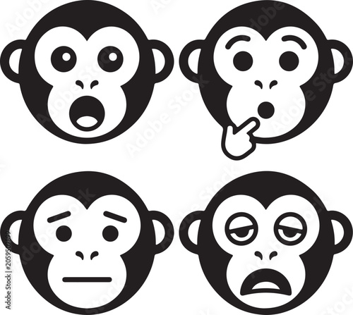 Various monkey faces with emotions on vector illustration