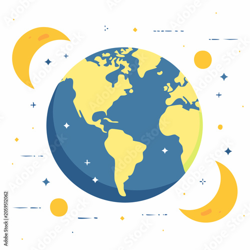 Stylized Earth with Moon and Stars