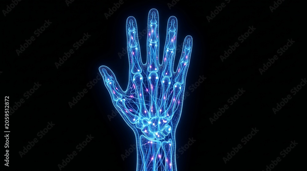 Naklejka premium Human lymphatic system and skeletal structure of a hand glowing blue with nodes on a dark background
