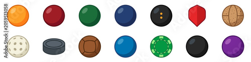 Table games and competition balls flat icon set on transparent background. Cartoon design.