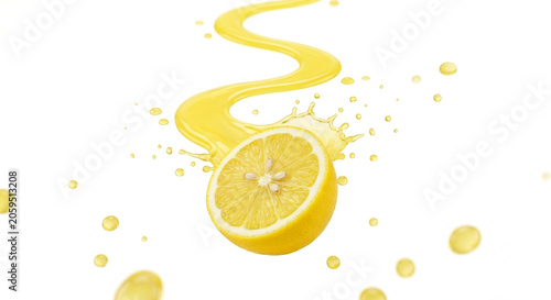 Distant shot of a lemon slice with a simple S-shaped yellow juice splash behind it
