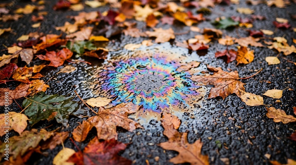 Naklejka premium Colorful oil spill on wet pavement with autumn leaves.