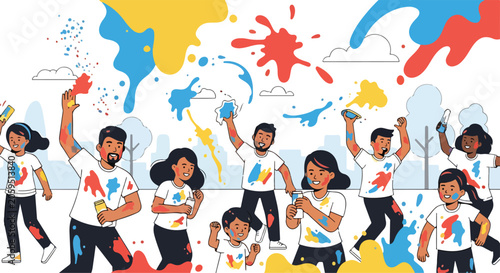Tableau sur toile A group of people celebrating with colorful paint