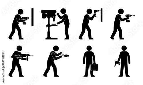 Tableau sur toile Construction Worker Icon Set, DIY Home Improvement Figures, Power Tool User Silh