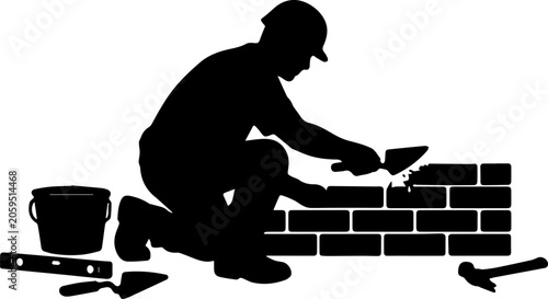 Foto Silhouette of a Professional Bricklayer Mason Building a Wall with Construction