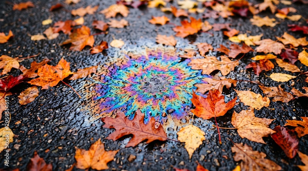 Naklejka premium Colorful oil spill on wet pavement with autumn leaves.