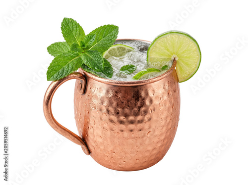 Refreshing Moscow Mule cocktail in a hammered copper mug with lime and fresh mint, isolated on transparent background.