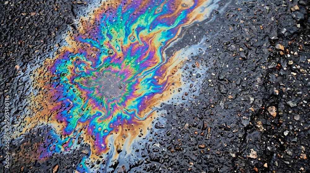 Naklejka premium Colorful oil slick on wet asphalt surface with rainbow effect.
